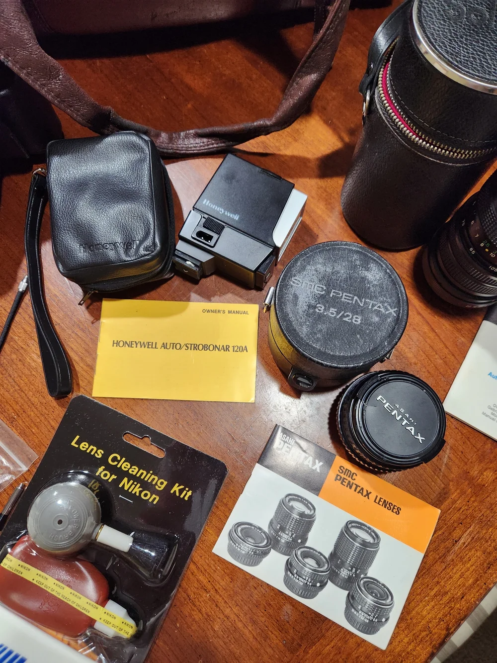 Vintage Pentax Camera Kit with Brown Leather Camera Bag and Black Lenses